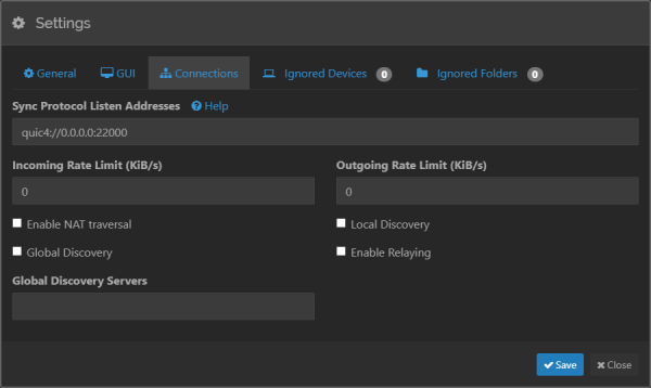 Syncthing Server Connections Settings Syncthing Server Connections Settings
